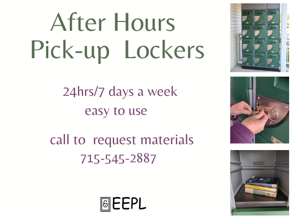 Pickup Lockers pictured with weather safe plastic and metal lockers for library item pickup.