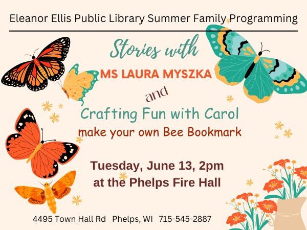 Stories with Ms Laura and Crafting Fun with Carol Litchfield…Tue. June 13th, 2pm…..